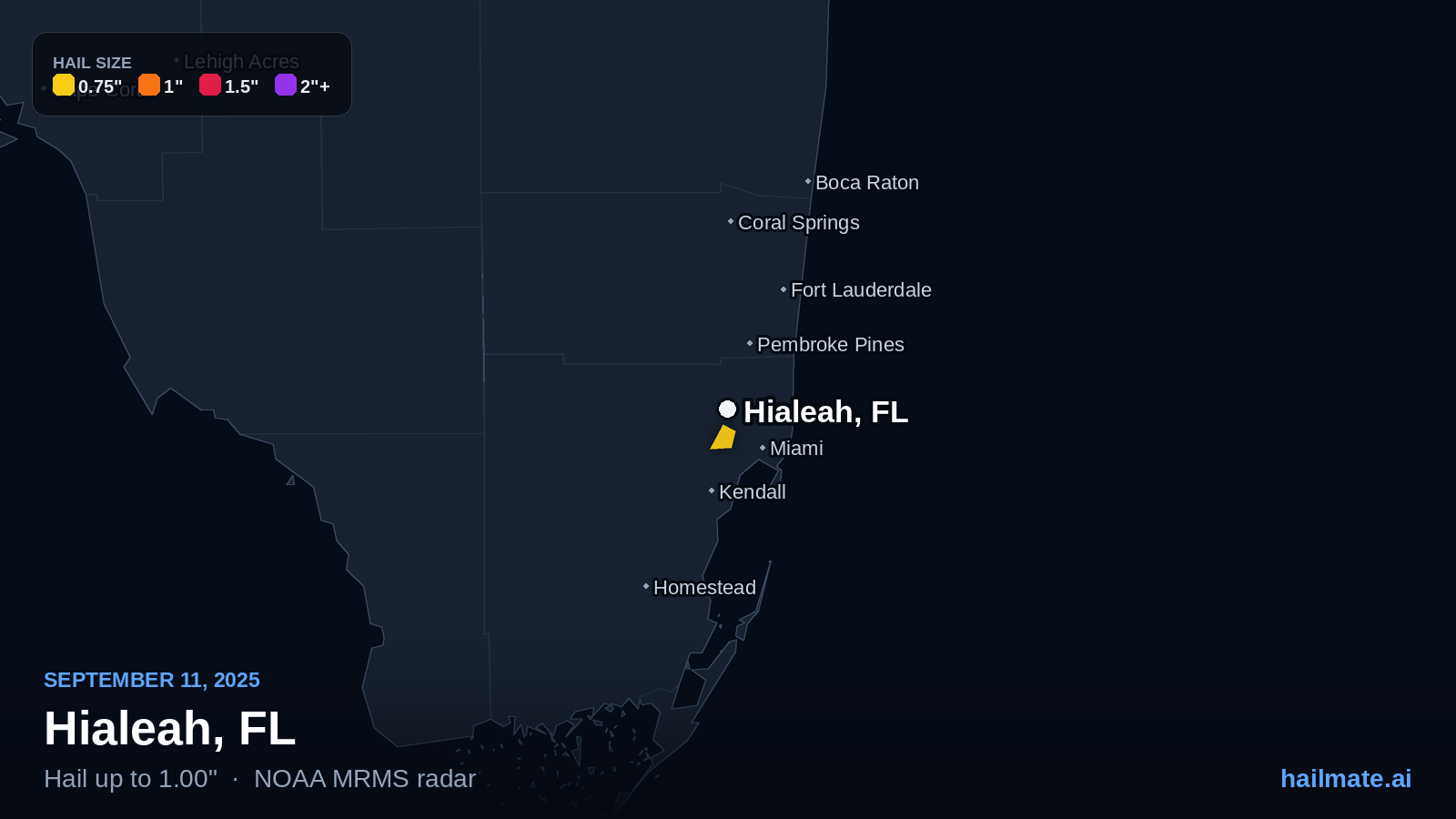 Hail swath map for Hialeah, FL on September 11, 2025 showing 1.00 inch hail.