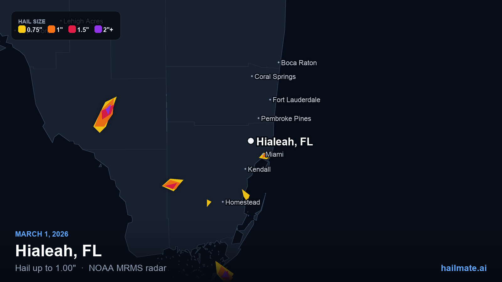 Hail swath map for Hialeah, FL on March 1, 2026 showing 1.00 inch hail.