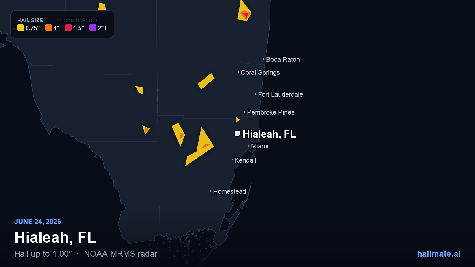 Hail swath map for Hialeah, FL on June 24, 2026 showing 1.00 inch hail.