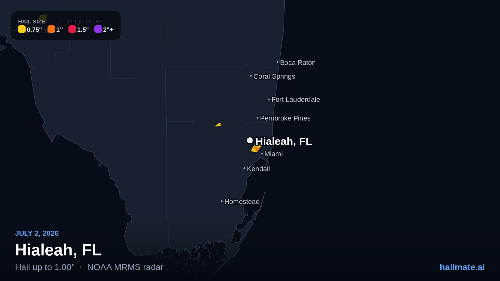 Hail swath map for Hialeah, FL on July 2, 2026 showing 1.00 inch hail.