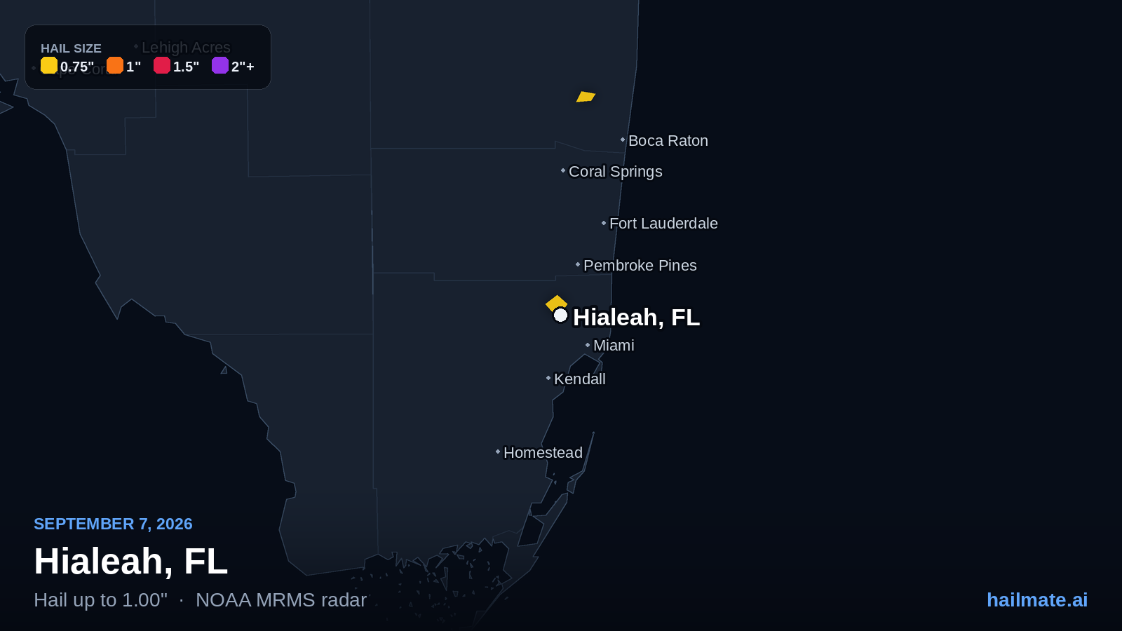 Hail swath map for Hialeah, FL on September 7, 2026 showing 1.00 inch hail.