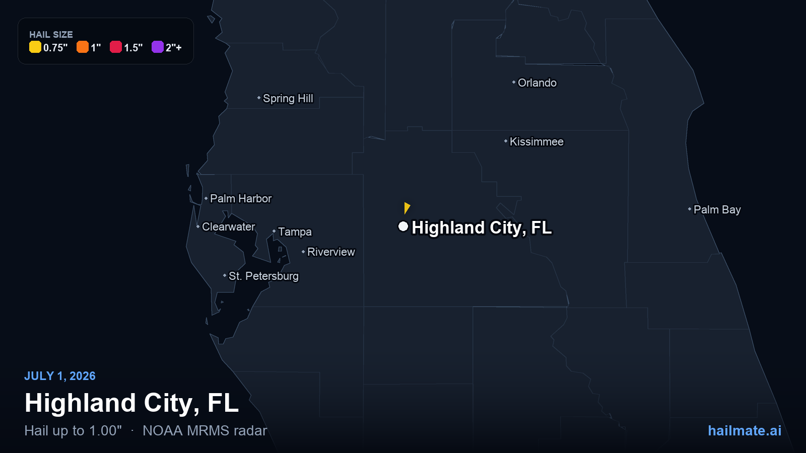 Hail swath map for Highland City, FL on July 1, 2026 showing 1.00 inch hail.