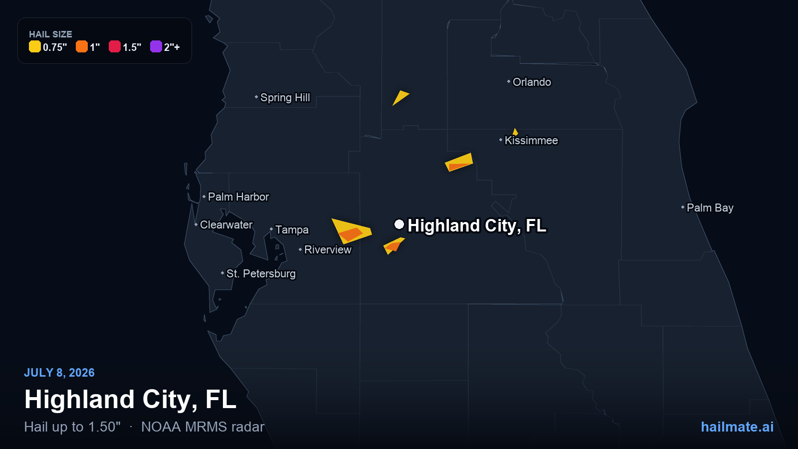 Hail swath map for Highland City, FL on July 8, 2026 showing 1.50 inch hail.