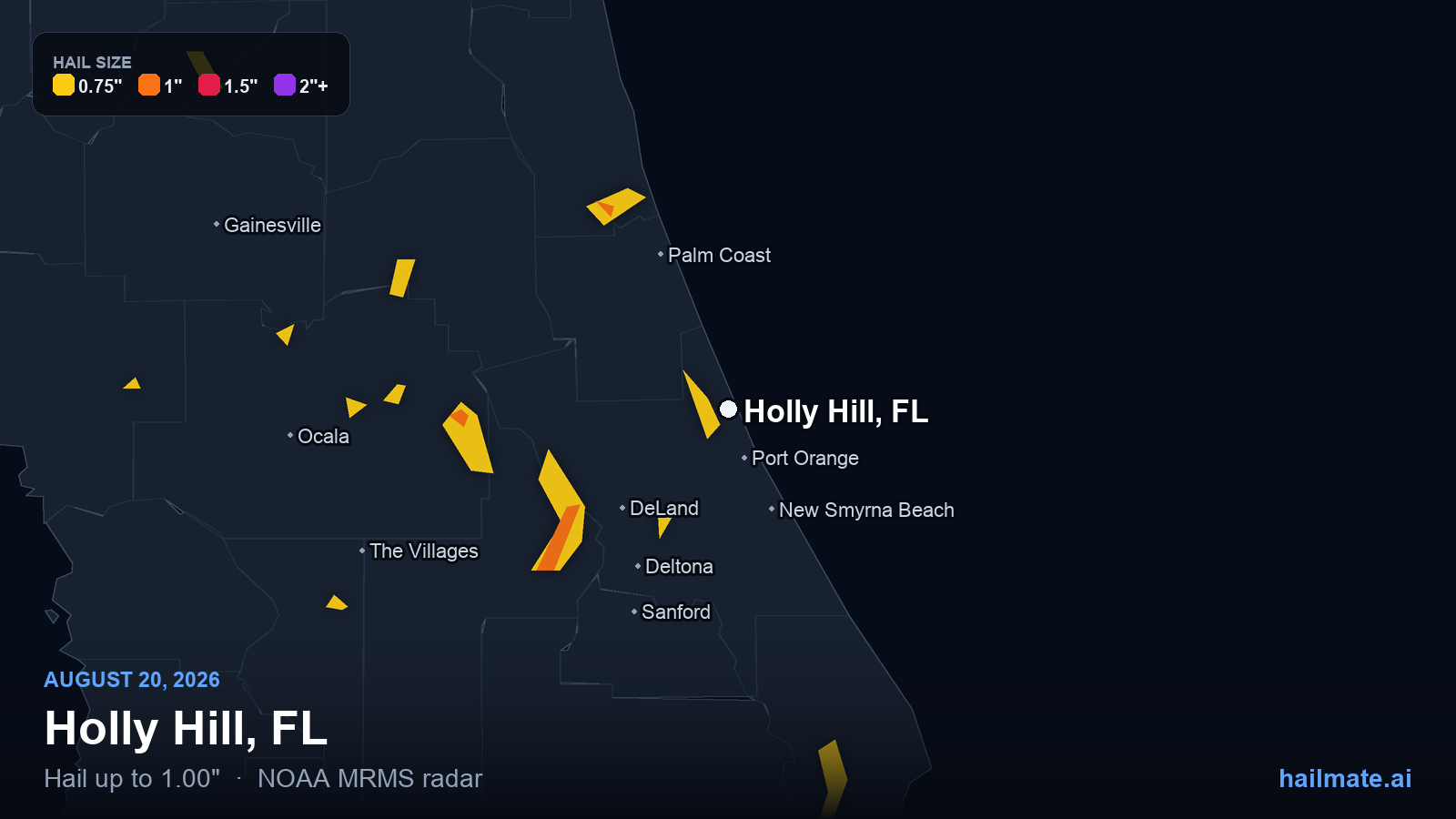 Hail swath map for Holly Hill, FL on August 20, 2026 showing 1.00 inch hail.