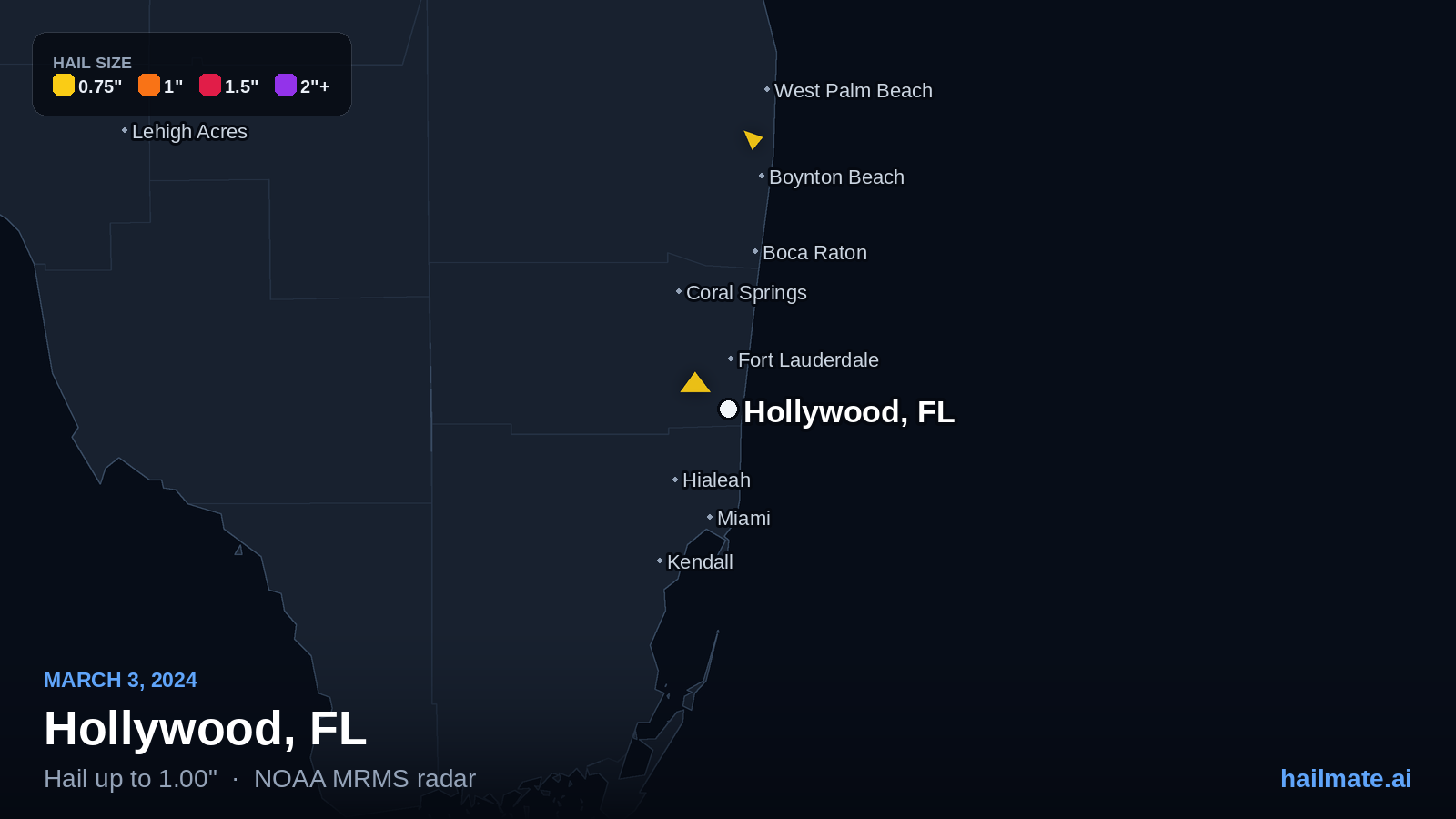Hail swath map for Hollywood, FL on March 3, 2024 showing 1.00 inch hail.