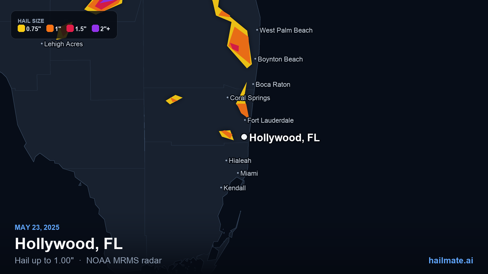 Hail swath map for Hollywood, FL on May 23, 2025 showing 1.00 inch hail.