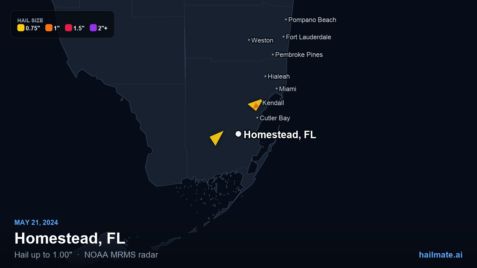 Hail swath map for Homestead, FL on May 21, 2024 showing 1.00 inch hail.