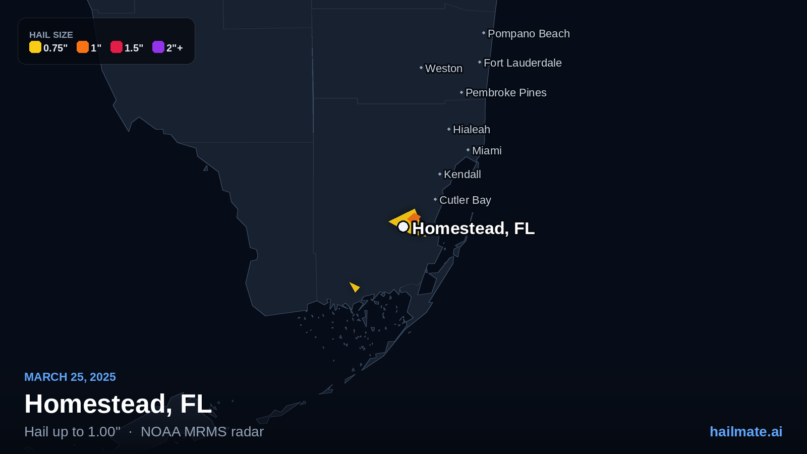 Hail swath map for Homestead, FL on March 25, 2025 showing 1.00 inch hail.