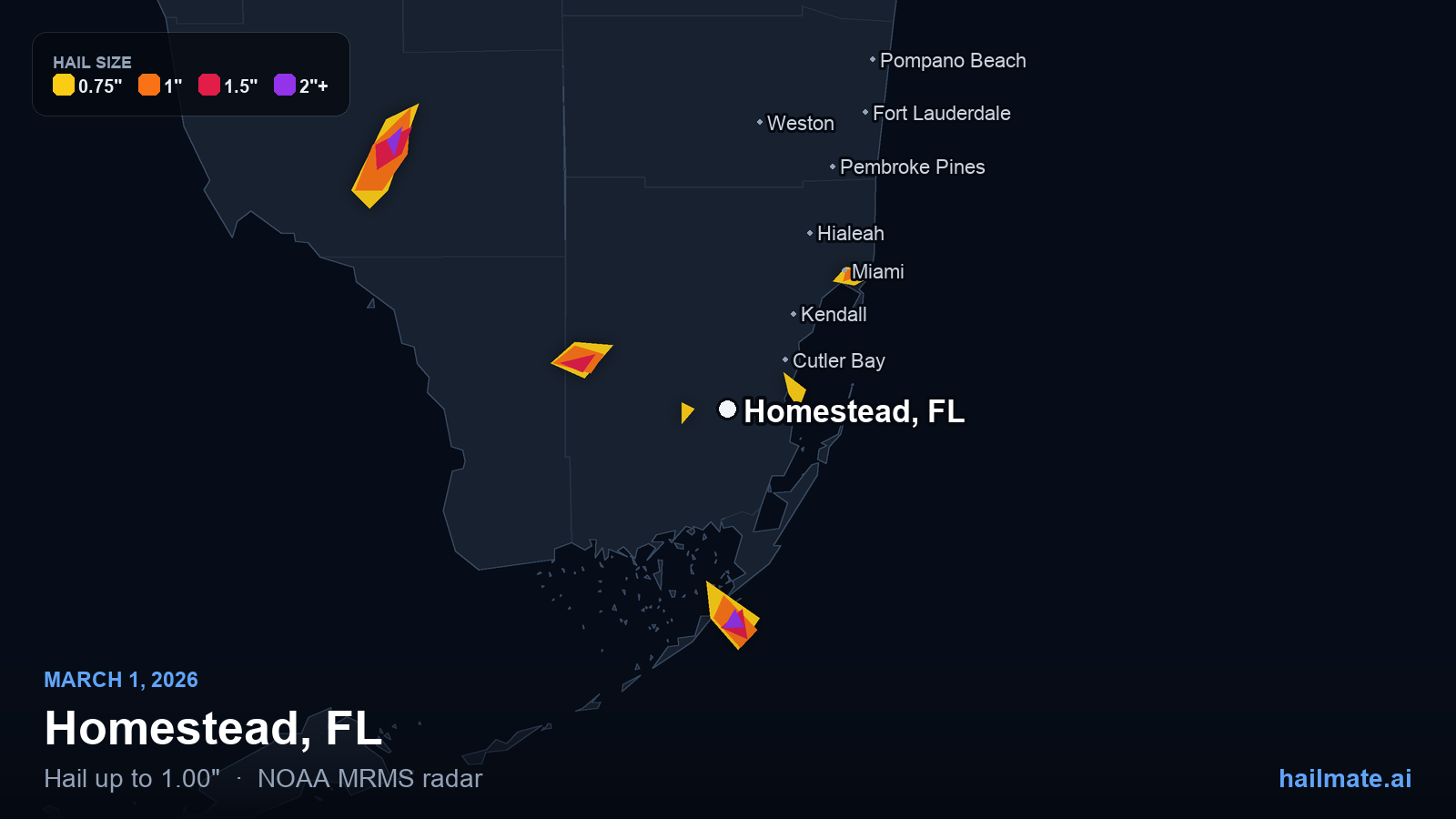 Hail swath map for Homestead, FL on March 1, 2026 showing 1.00 inch hail.