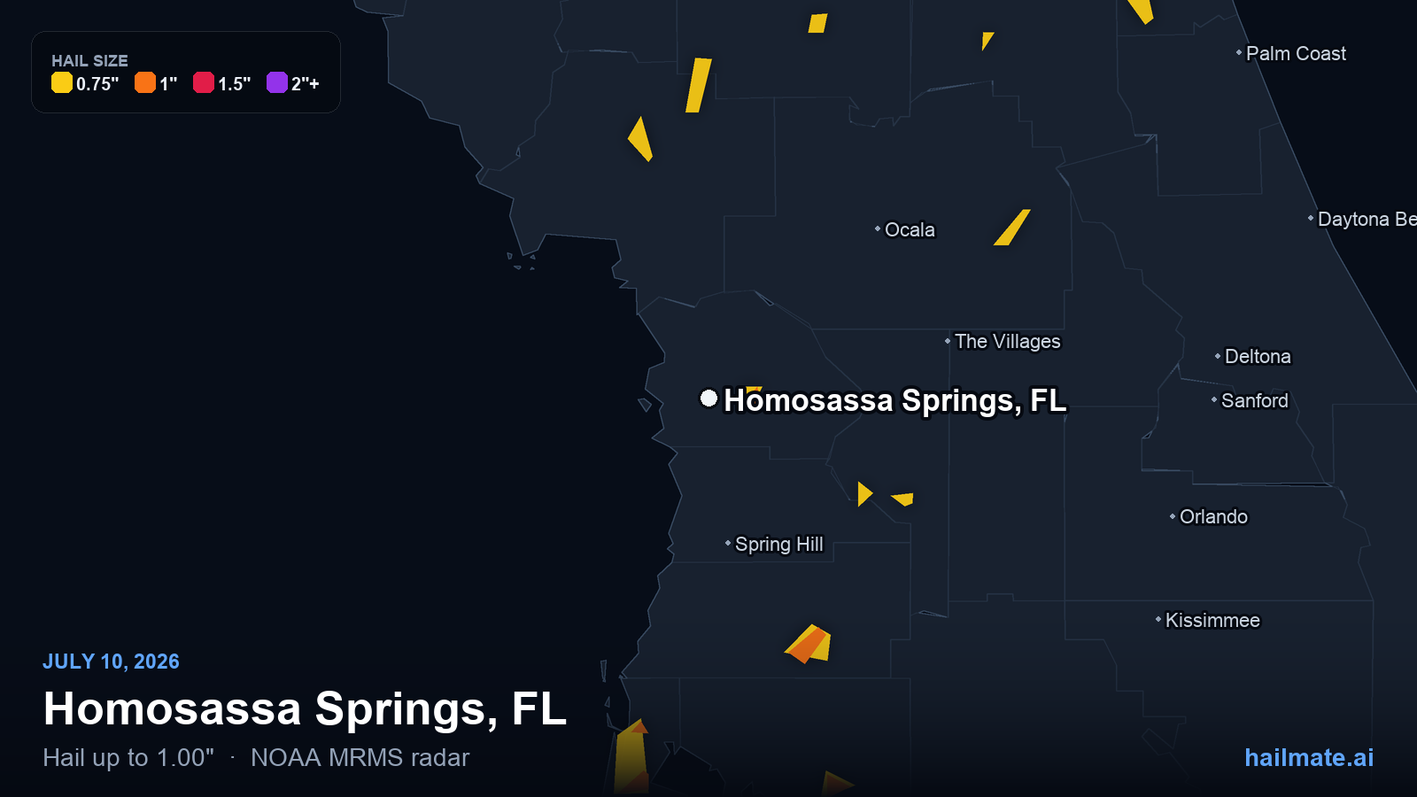 Hail swath map for Homosassa Springs, FL on July 10, 2026 showing 1.00 inch hail.