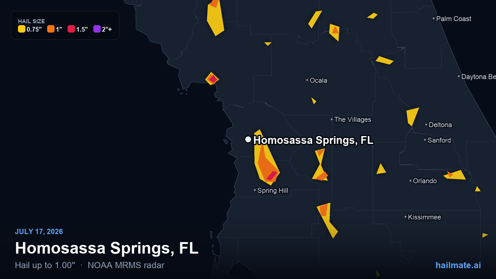 Hail swath map for Homosassa Springs, FL on July 17, 2026 showing 1.00 inch hail.
