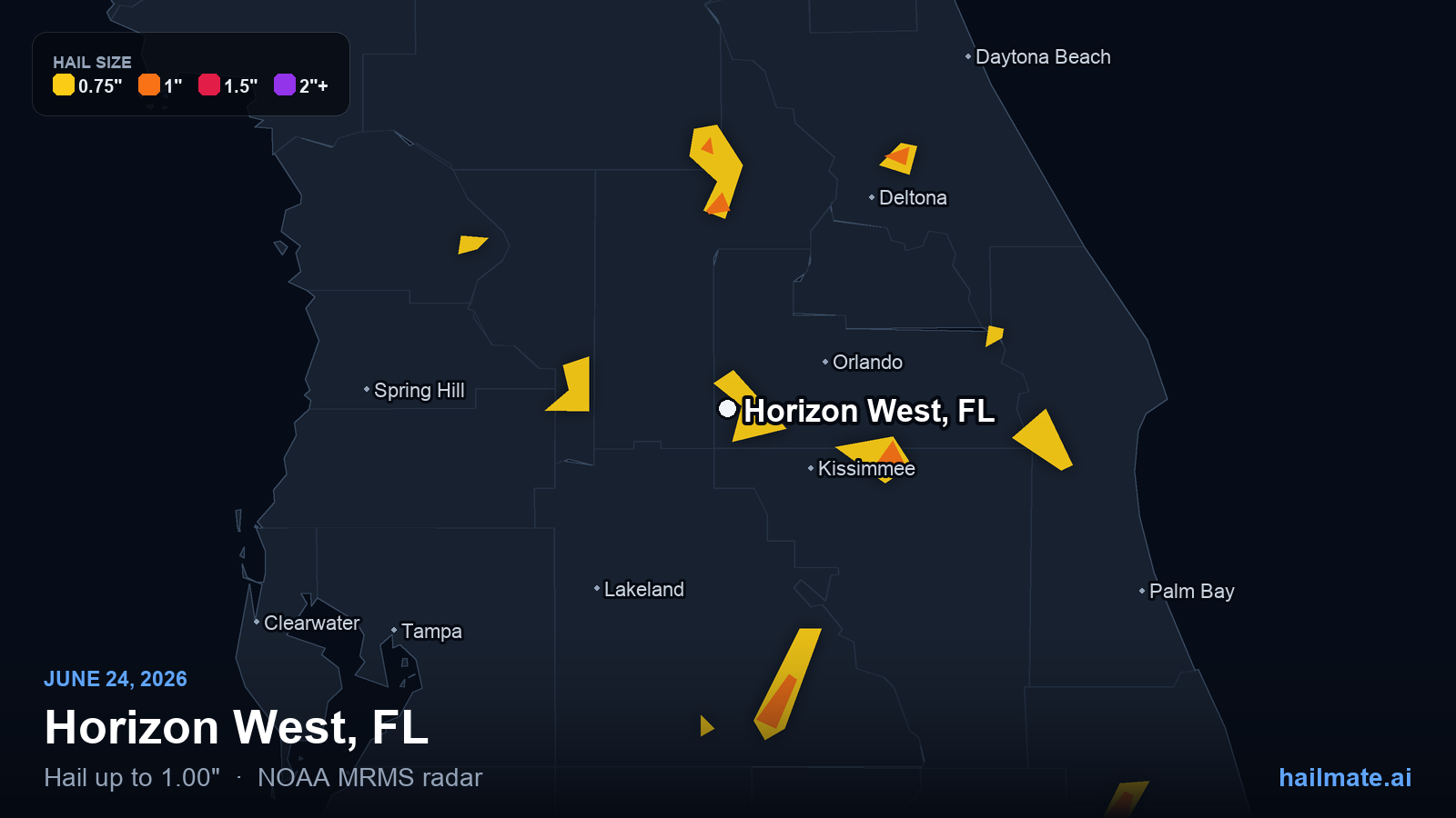 Hail swath map for Horizon West, FL on June 24, 2026 showing 1.00 inch hail.