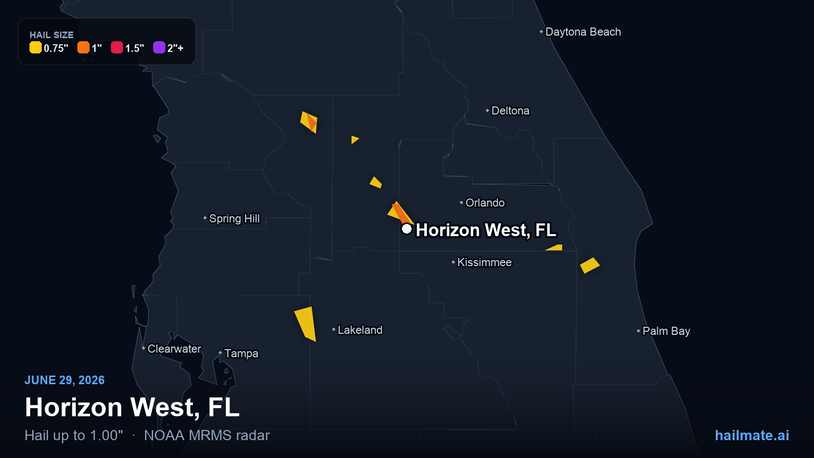 Hail swath map for Horizon West, FL on June 29, 2026 showing 1.00 inch hail.