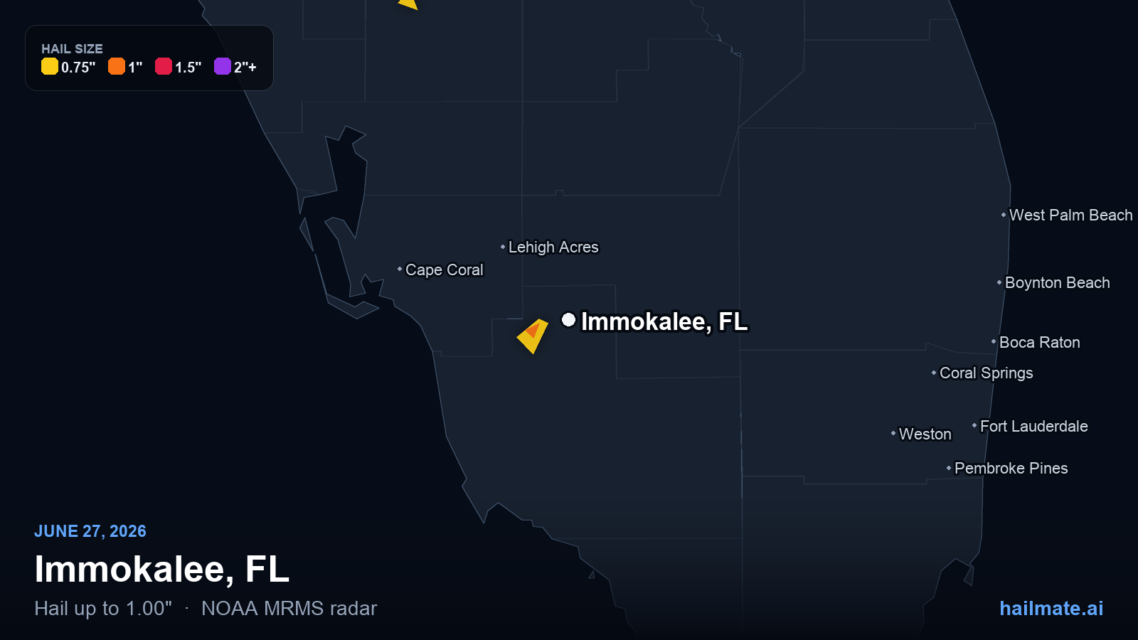 Hail swath map for Immokalee, FL on June 27, 2026 showing 1.00 inch hail.