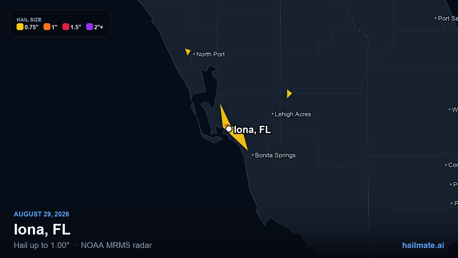 Hail swath map for Iona, FL on August 29, 2026 showing 1.00 inch hail.