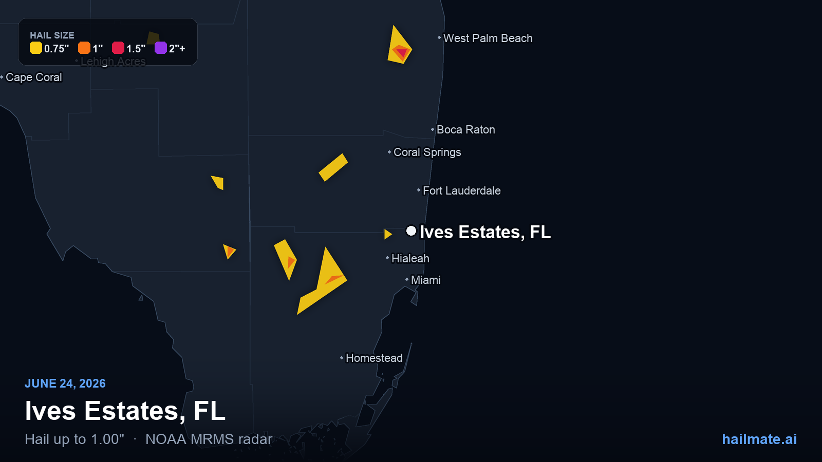 Hail swath map for Ives Estates, FL on June 24, 2026 showing 1.00 inch hail.