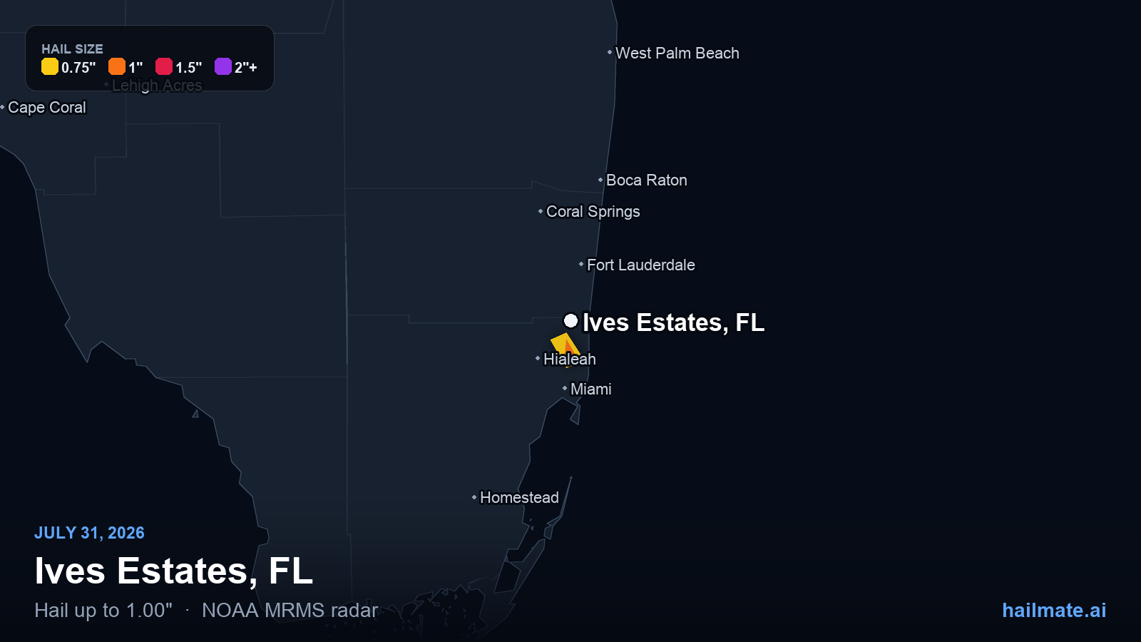 Hail swath map for Ives Estates, FL on July 31, 2026 showing 1.00 inch hail.