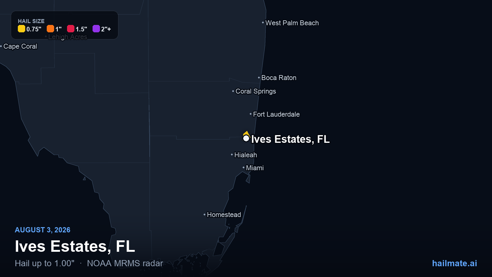 Hail swath map for Ives Estates, FL on August 3, 2026 showing 1.00 inch hail.