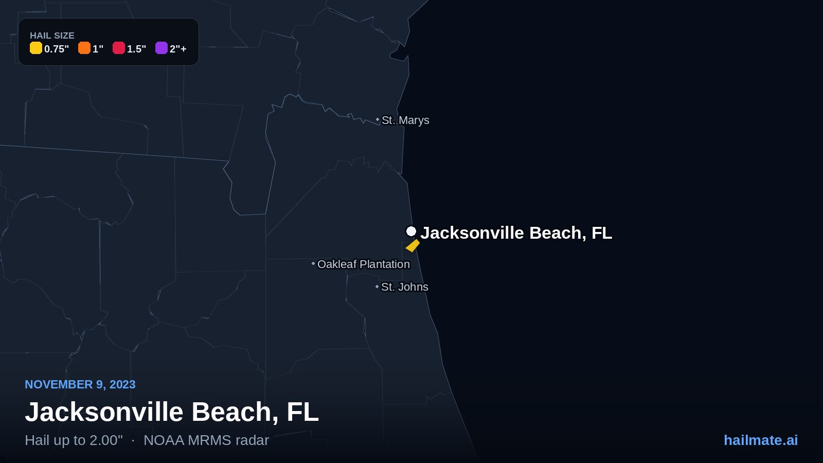 Hail swath map for Jacksonville Beach, FL on November 9, 2023 showing 2.00 inch hail.