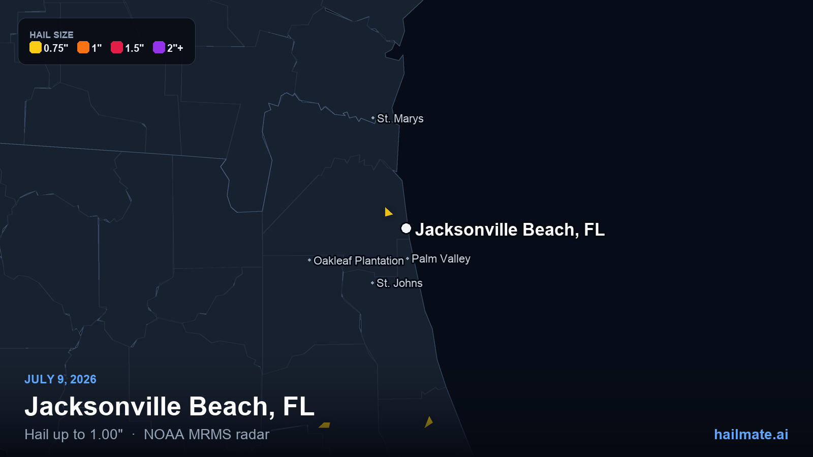 Hail swath map for Jacksonville Beach, FL on July 9, 2026 showing 1.00 inch hail.