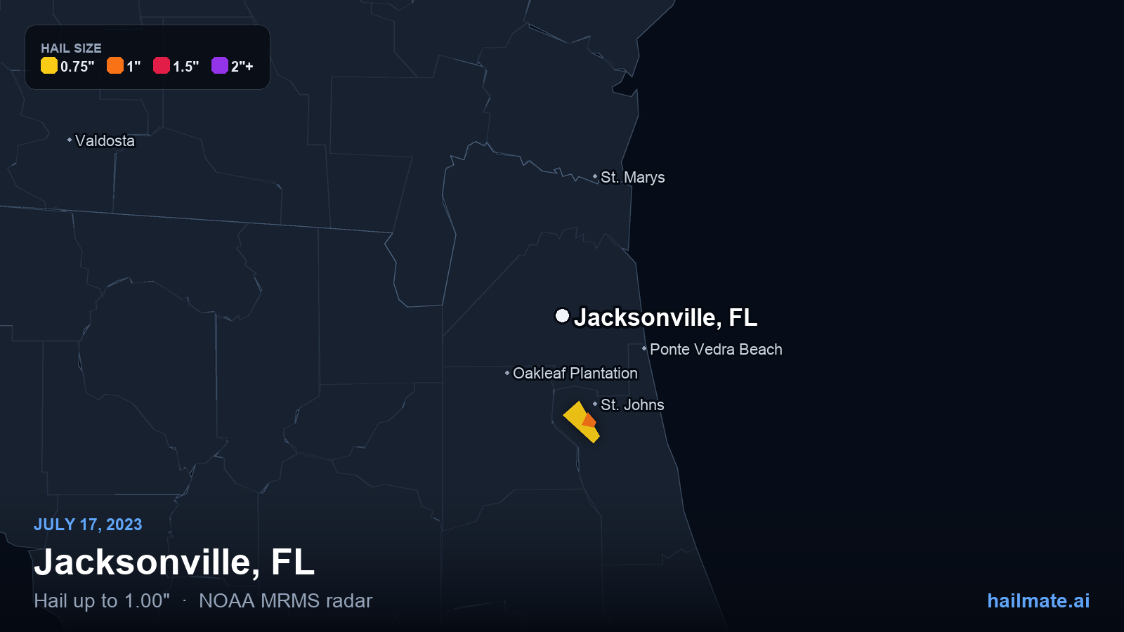 Hail swath map for Jacksonville, FL on July 17, 2023 showing 1.00 inch hail.