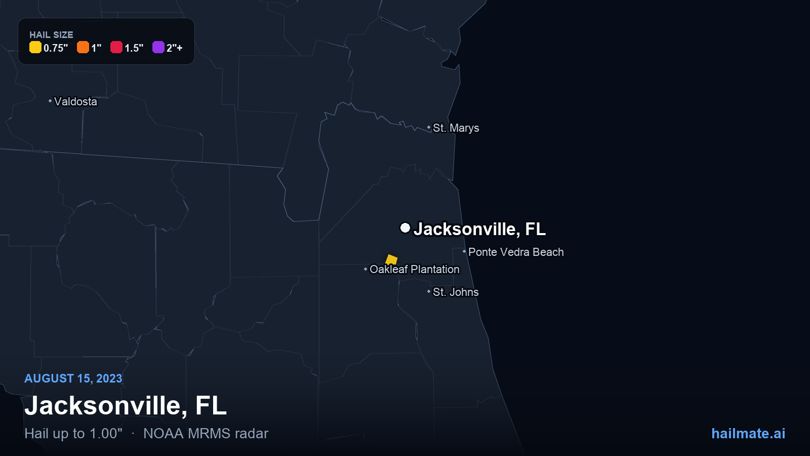 Hail swath map for Jacksonville, FL on August 15, 2023 showing 1.00 inch hail.