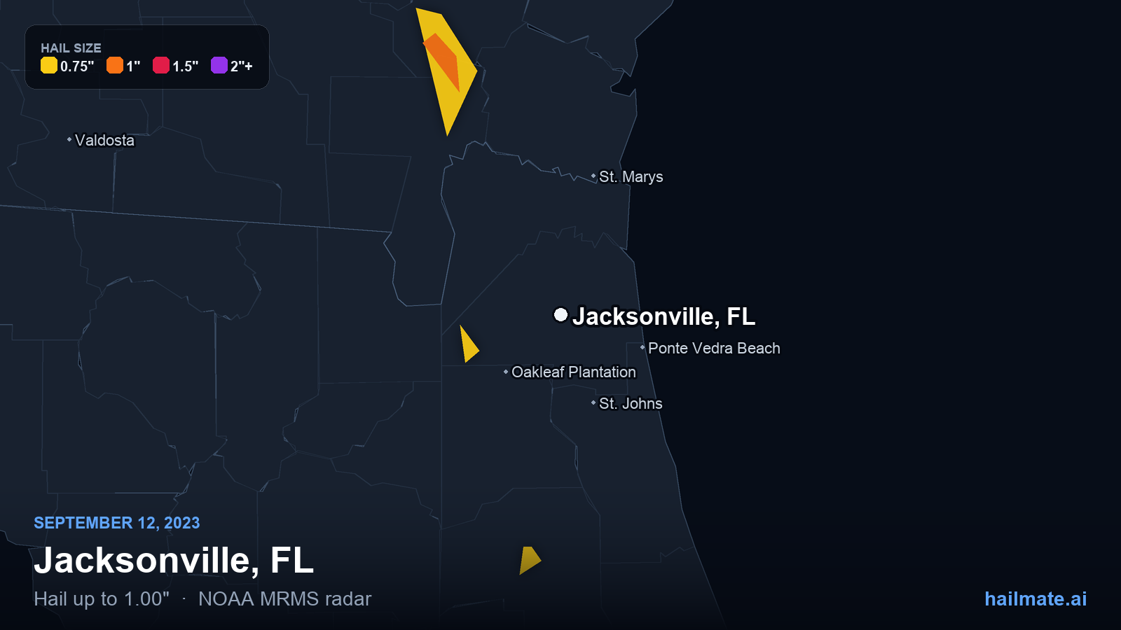 Hail swath map for Jacksonville, FL on September 12, 2023 showing 1.00 inch hail.