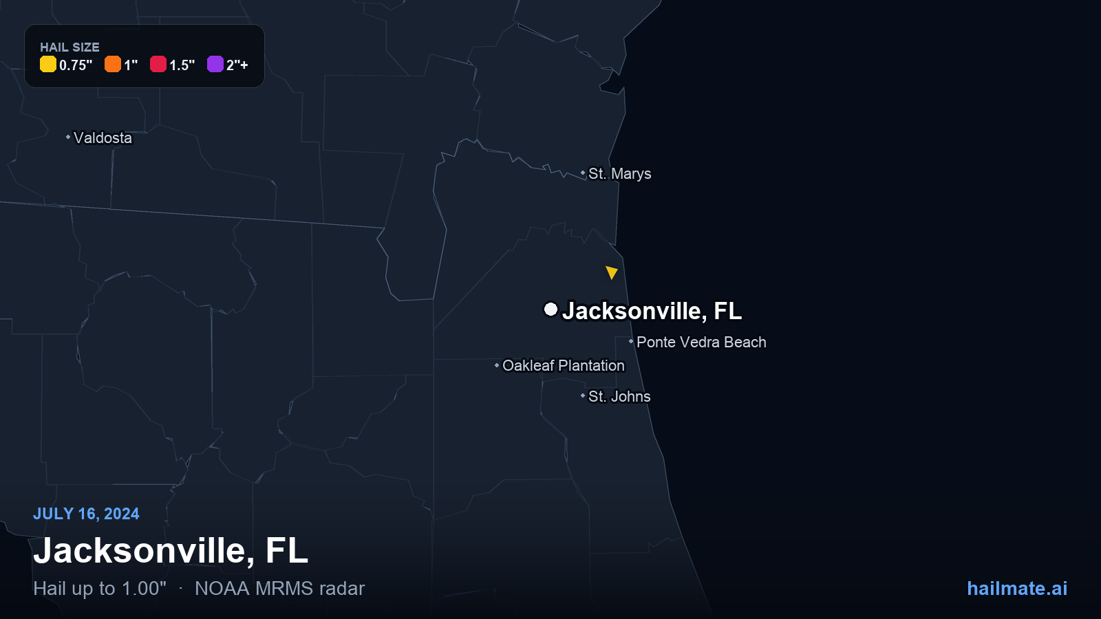 Hail swath map for Jacksonville, FL on July 16, 2024 showing 1.00 inch hail.