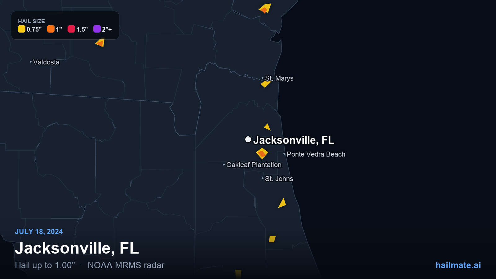 Hail swath map for Jacksonville, FL on July 18, 2024 showing 1.00 inch hail.
