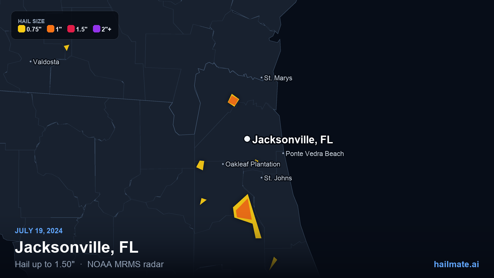 Hail swath map for Jacksonville, FL on July 19, 2024 showing 1.50 inch hail.