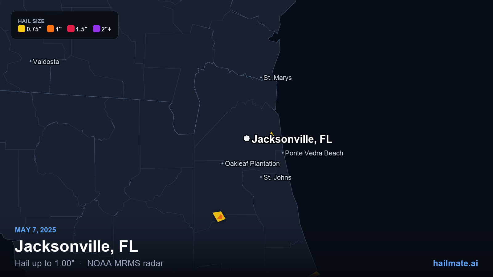 Hail swath map for Jacksonville, FL on May 7, 2025 showing 1.00 inch hail.