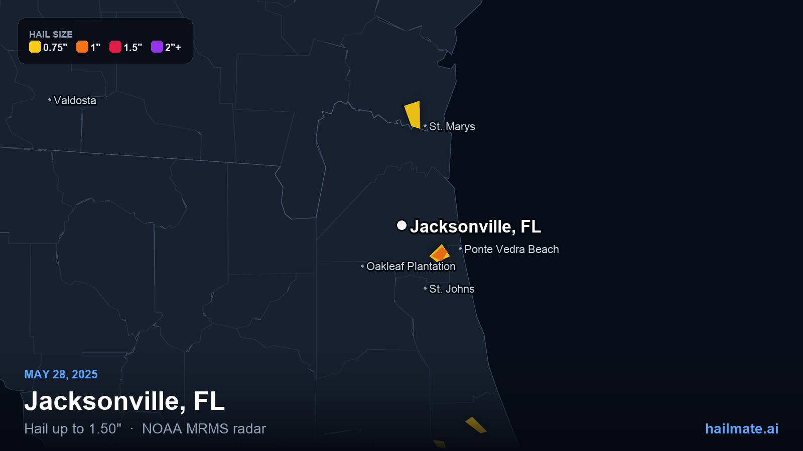 Hail swath map for Jacksonville, FL on May 28, 2025 showing 1.50 inch hail.
