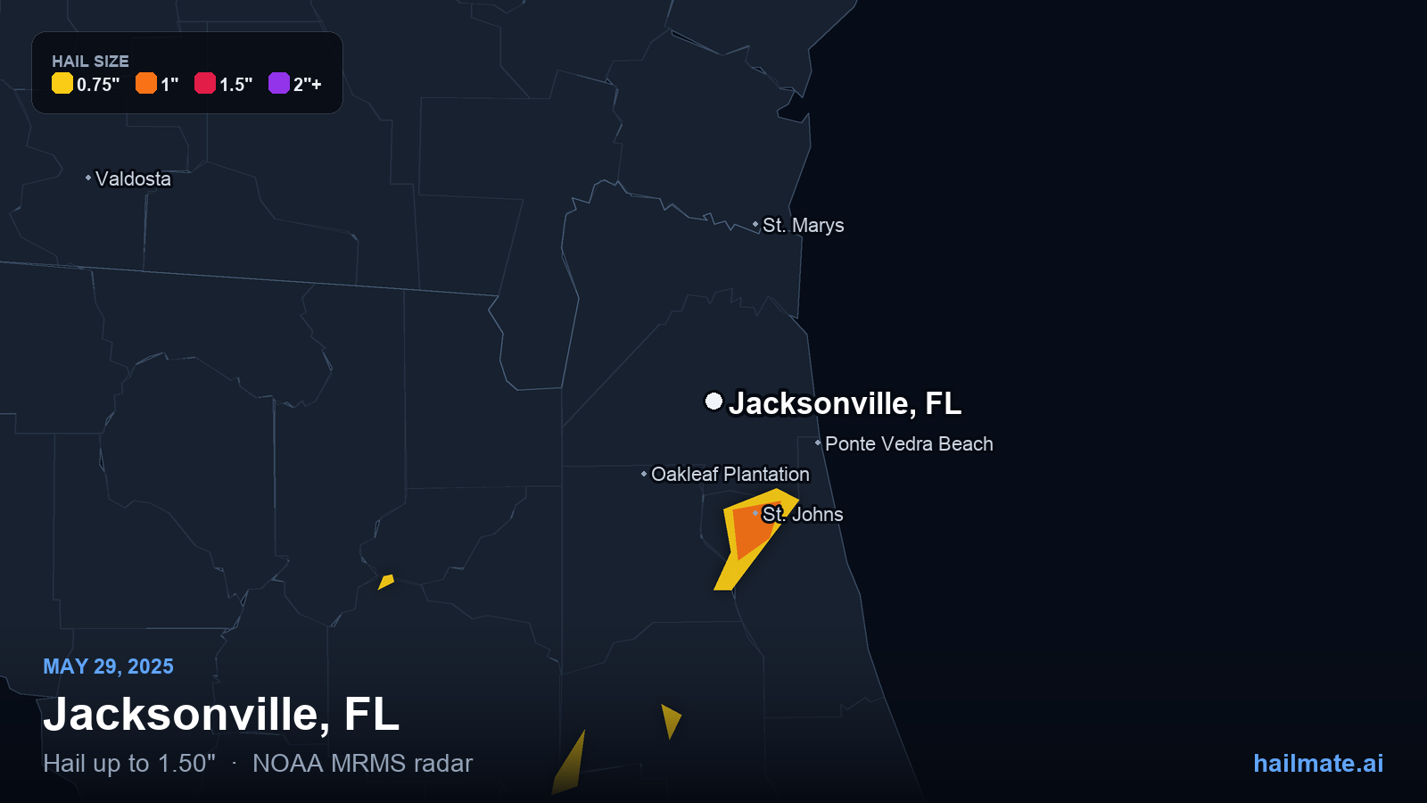 Hail swath map for Jacksonville, FL on May 29, 2025 showing 1.50 inch hail.