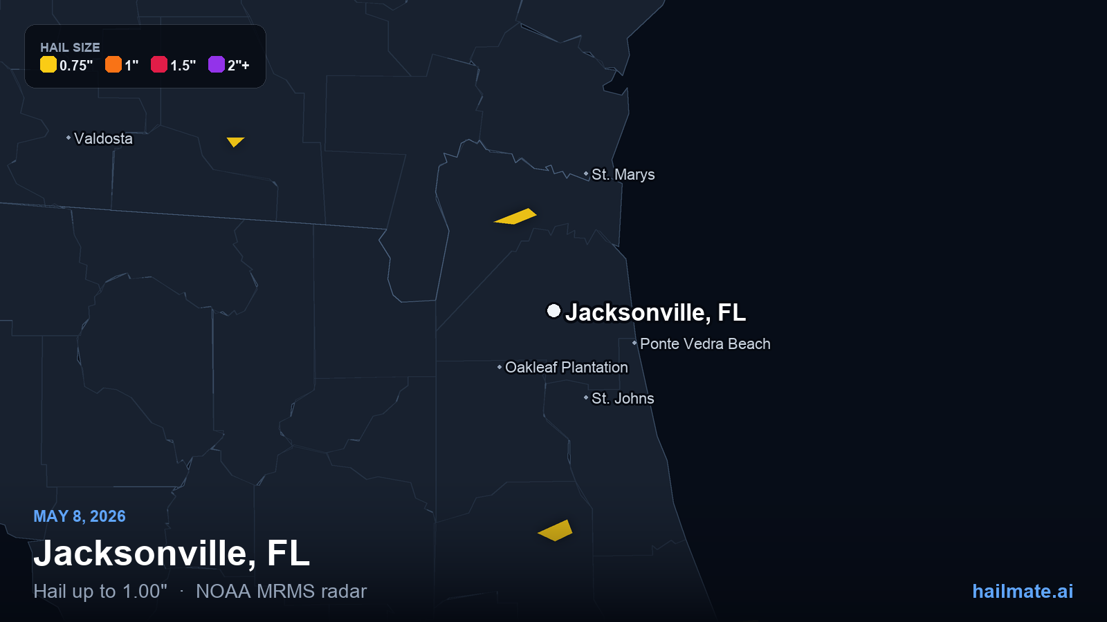 Hail swath map for Jacksonville, FL on May 8, 2026 showing 1.00 inch hail.