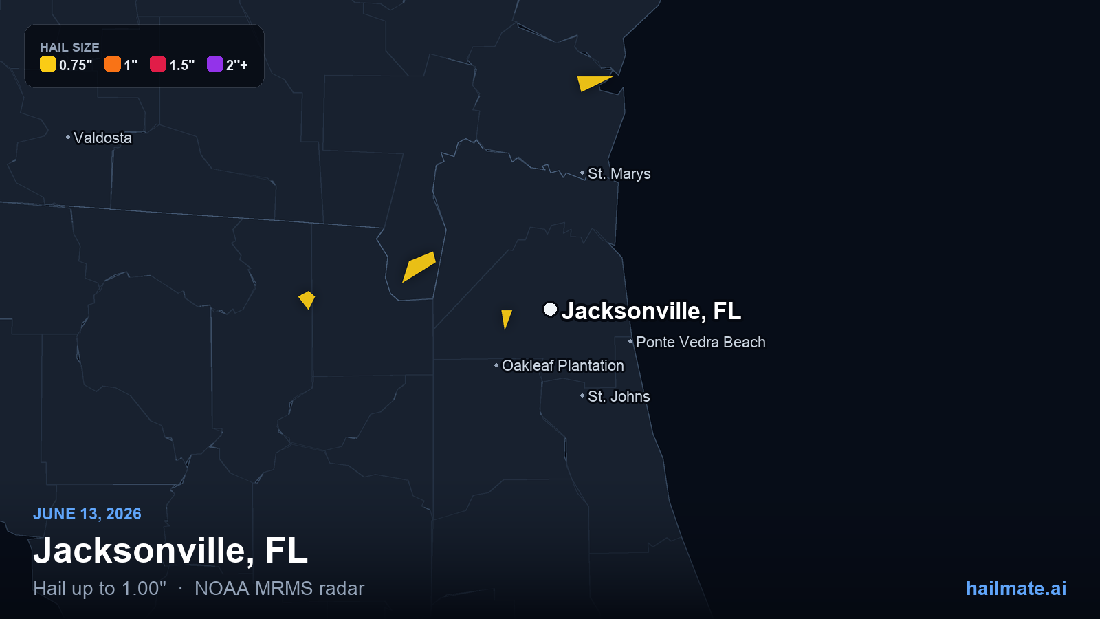 Hail swath map for Jacksonville, FL on June 13, 2026 showing 1.00 inch hail.