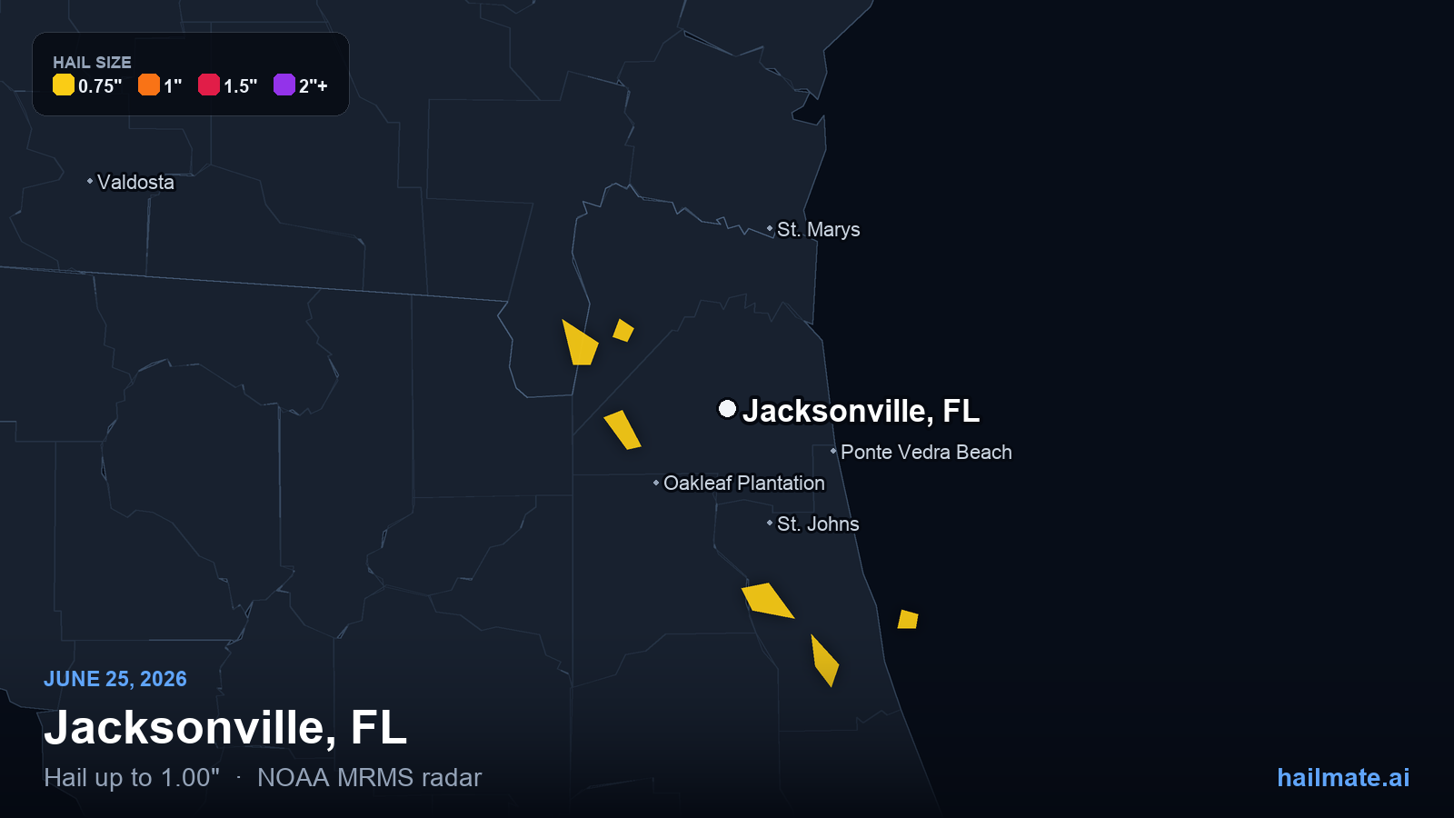 Hail swath map for Jacksonville, FL on June 25, 2026 showing 1.00 inch hail.