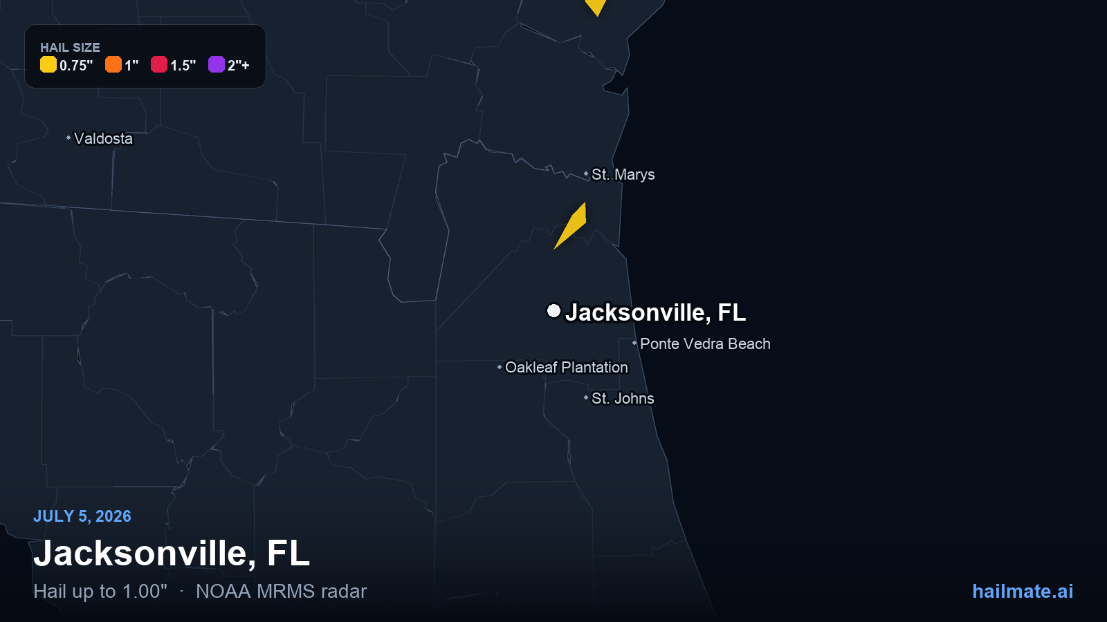 Hail swath map for Jacksonville, FL on July 5, 2026 showing 1.00 inch hail.