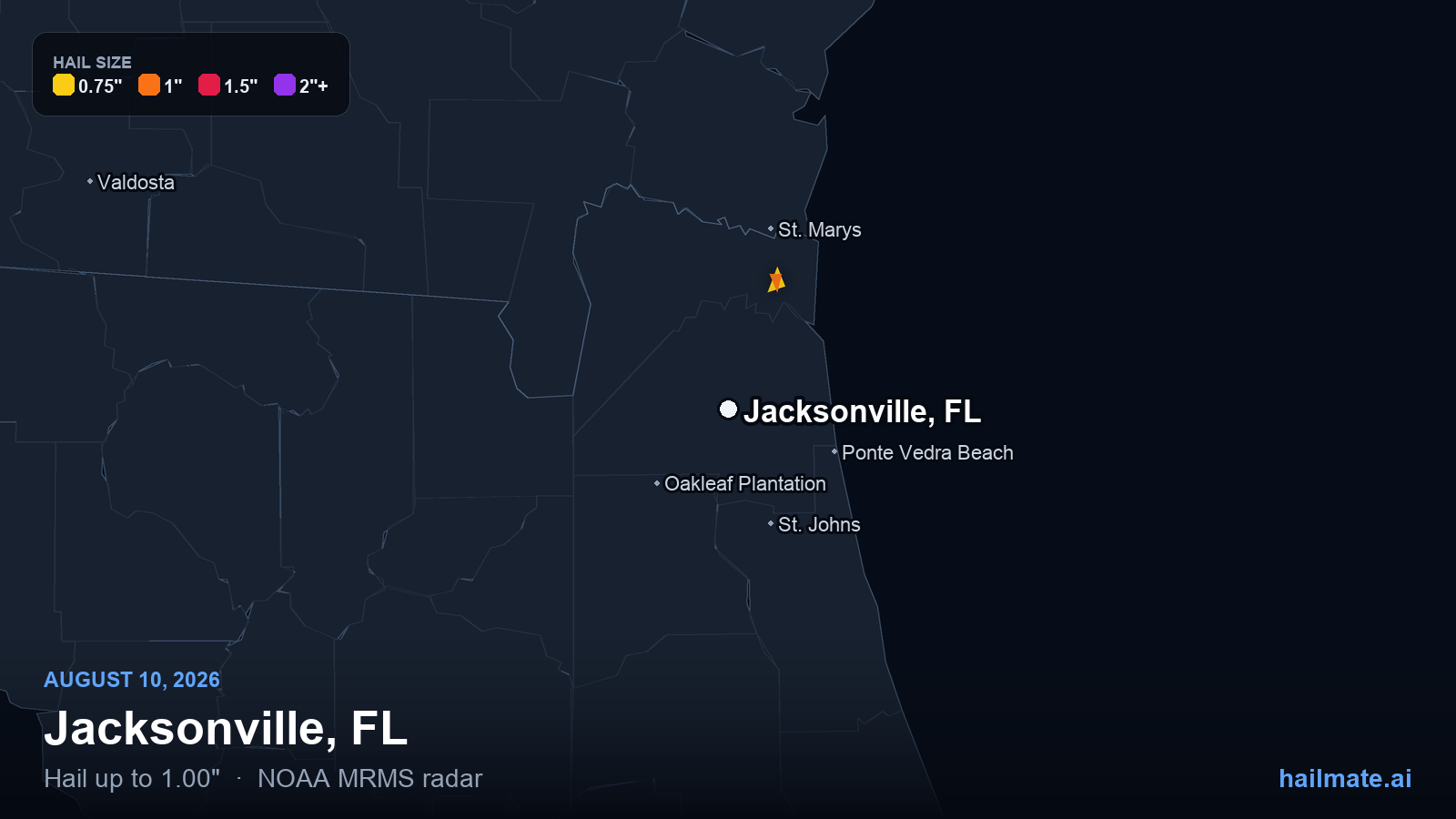 Hail swath map for Jacksonville, FL on August 10, 2026 showing 1.00 inch hail.