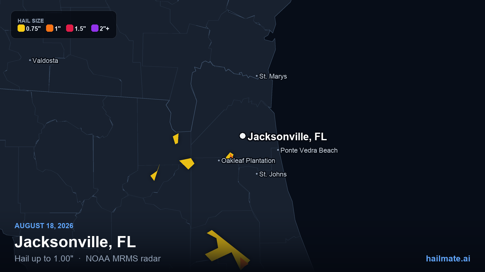 Hail swath map for Jacksonville, FL on August 18, 2026 showing 1.00 inch hail.