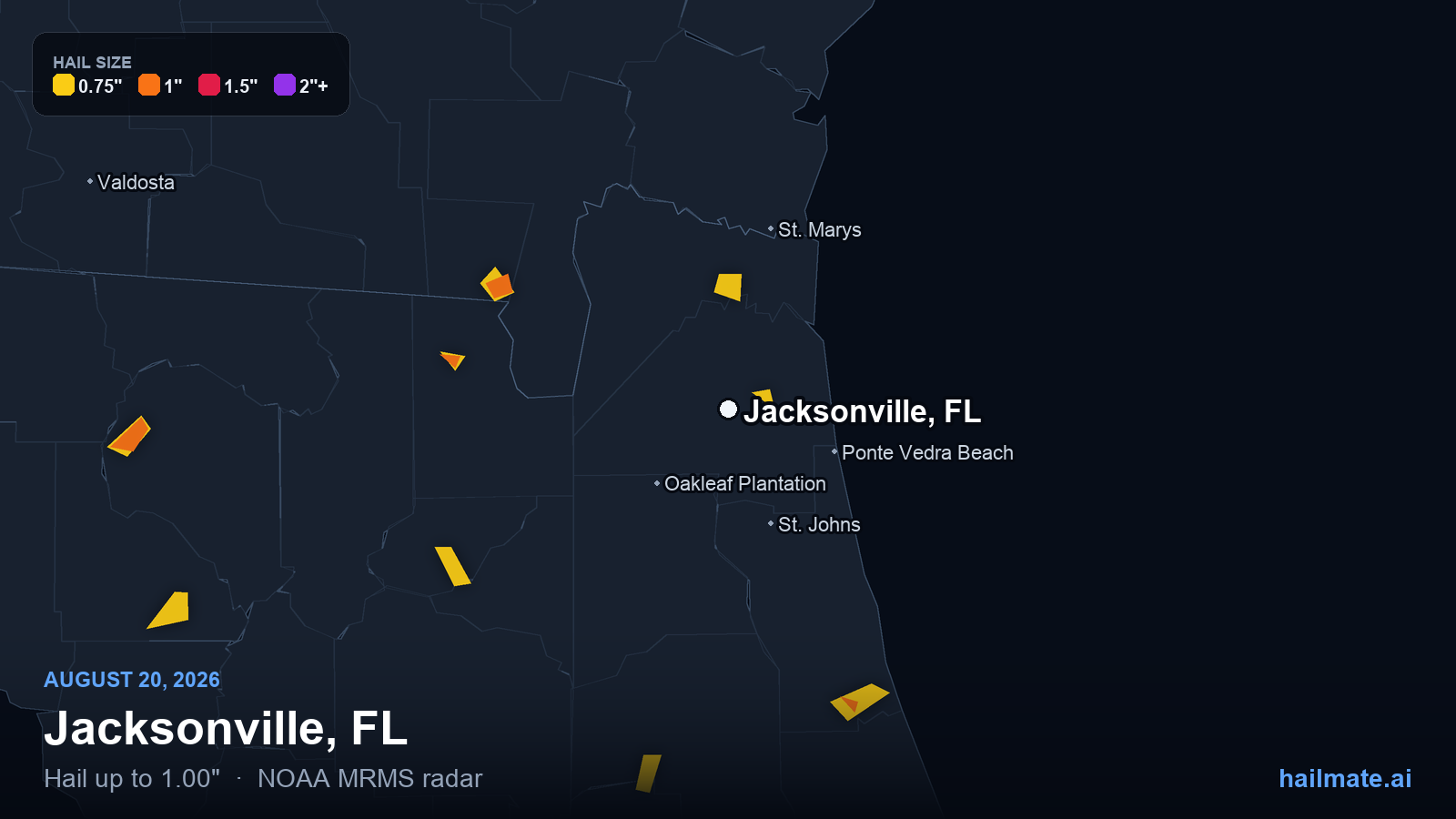 Hail swath map for Jacksonville, FL on August 20, 2026 showing 1.00 inch hail.