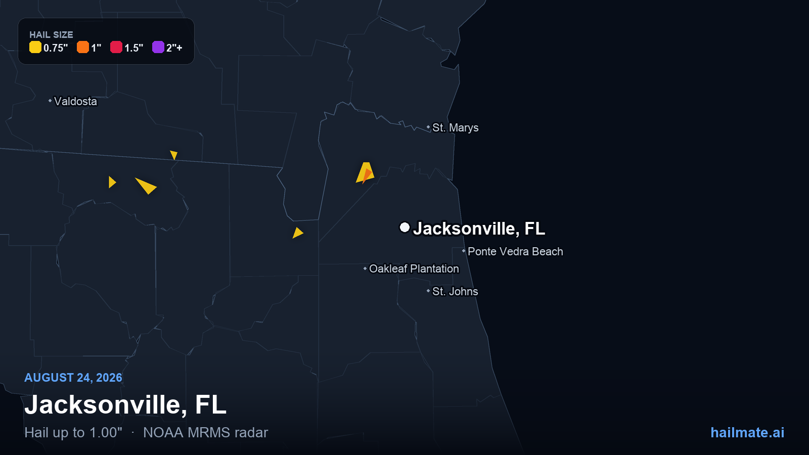 Hail swath map for Jacksonville, FL on August 24, 2026 showing 1.00 inch hail.