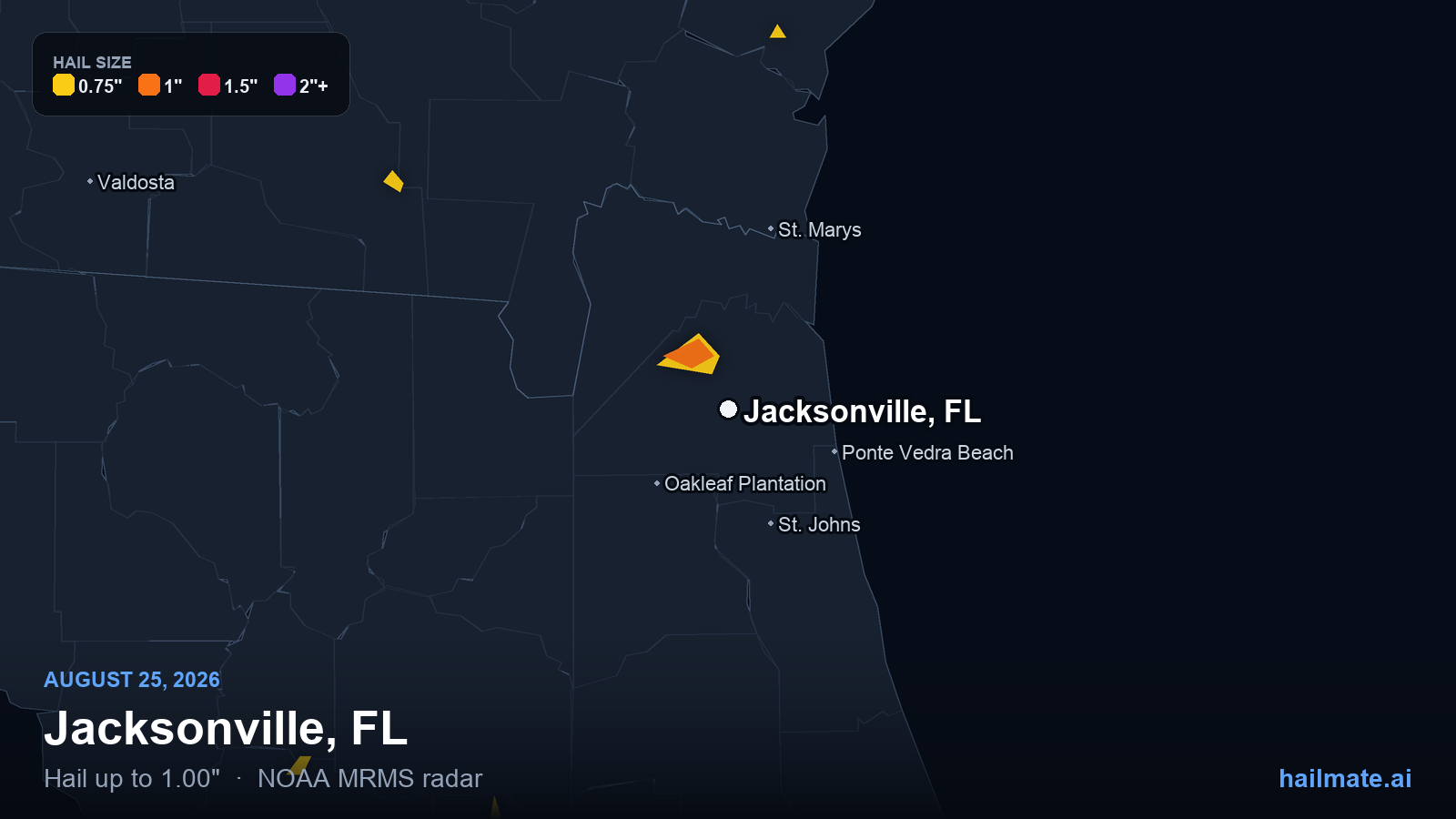 Hail swath map for Jacksonville, FL on August 25, 2026 showing 1.00 inch hail.