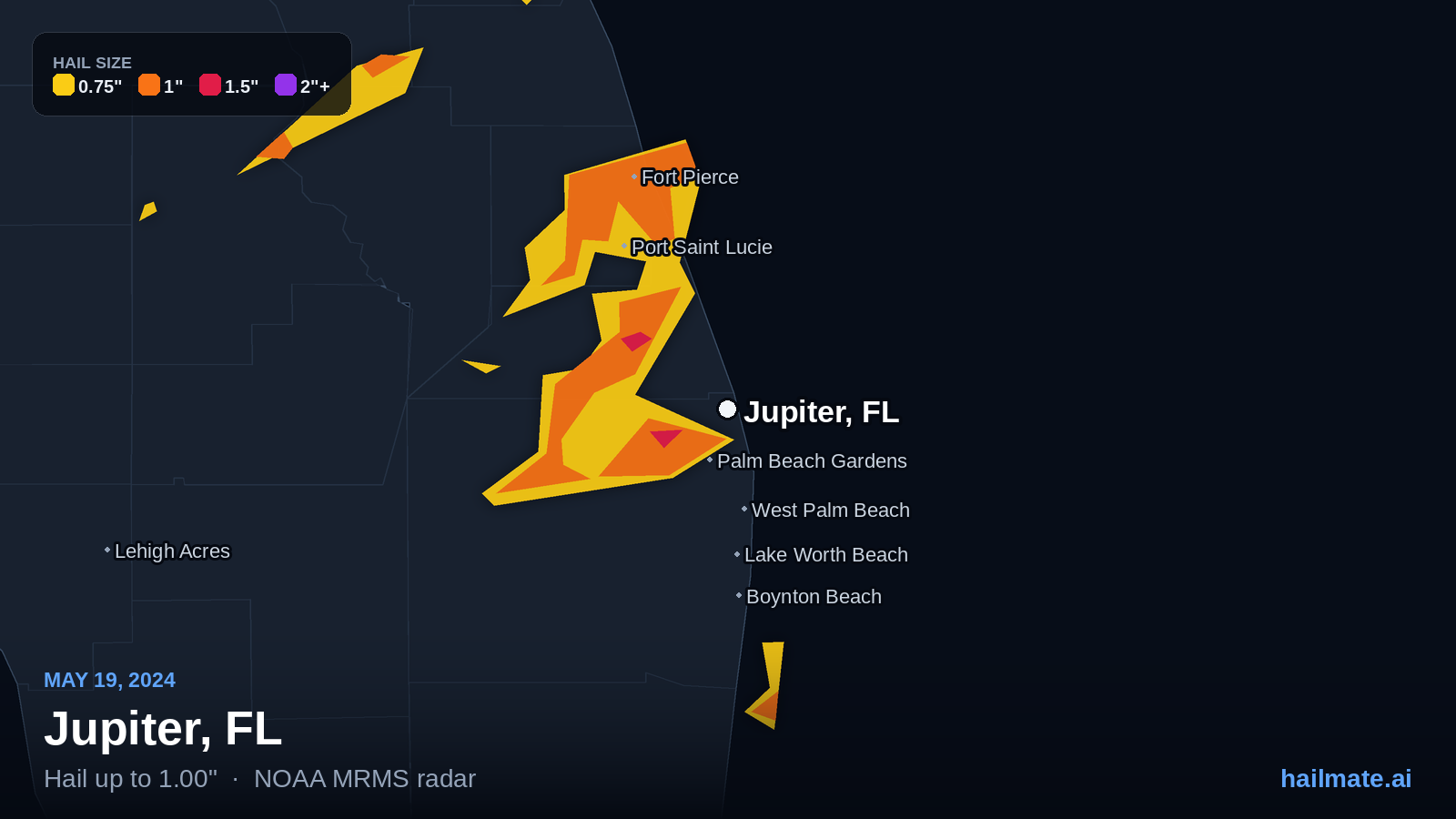 Hail swath map for Jupiter, FL on May 19, 2024 showing 1.00 inch hail.