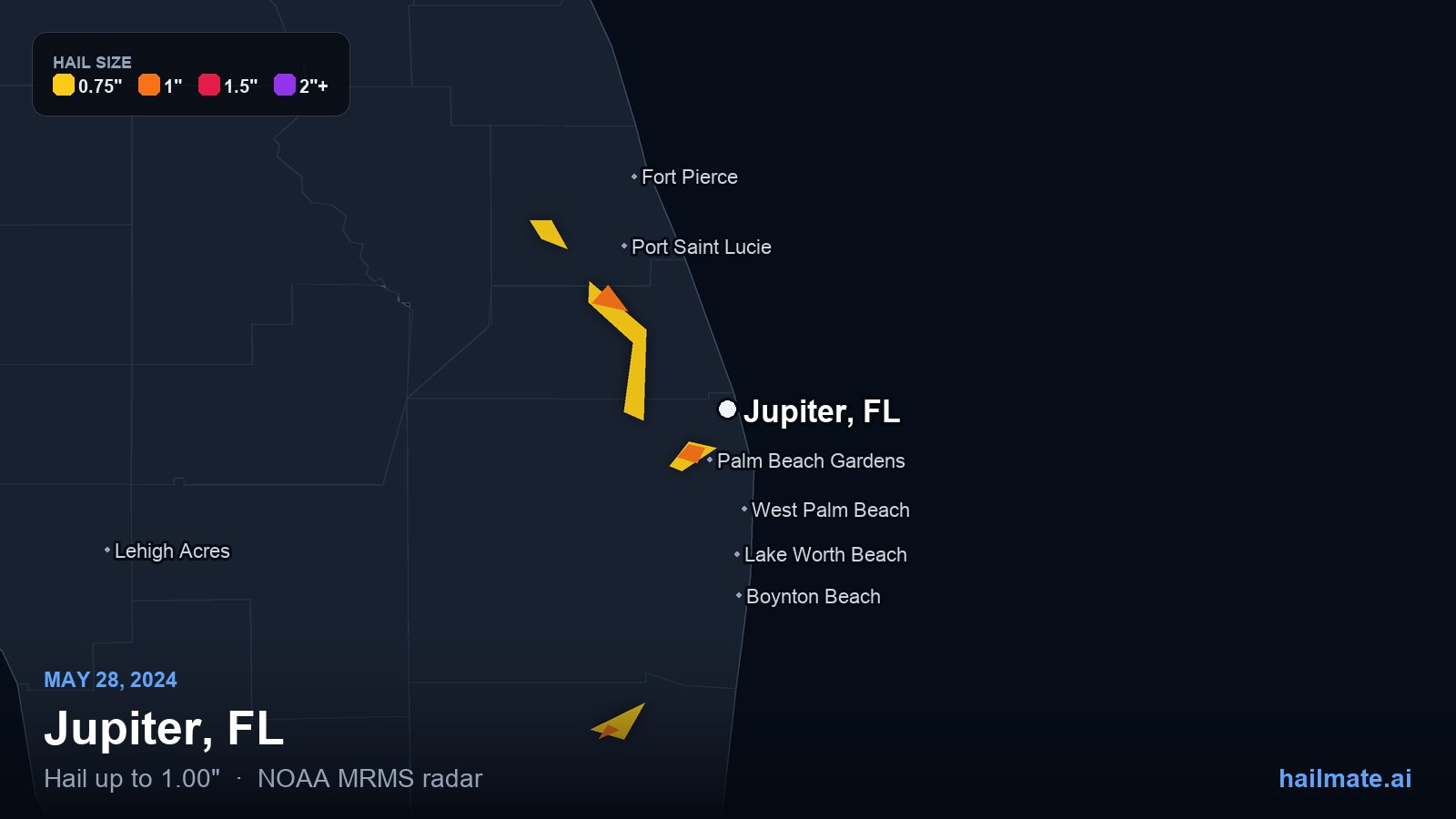 Hail swath map for Jupiter, FL on May 28, 2024 showing 1.00 inch hail.
