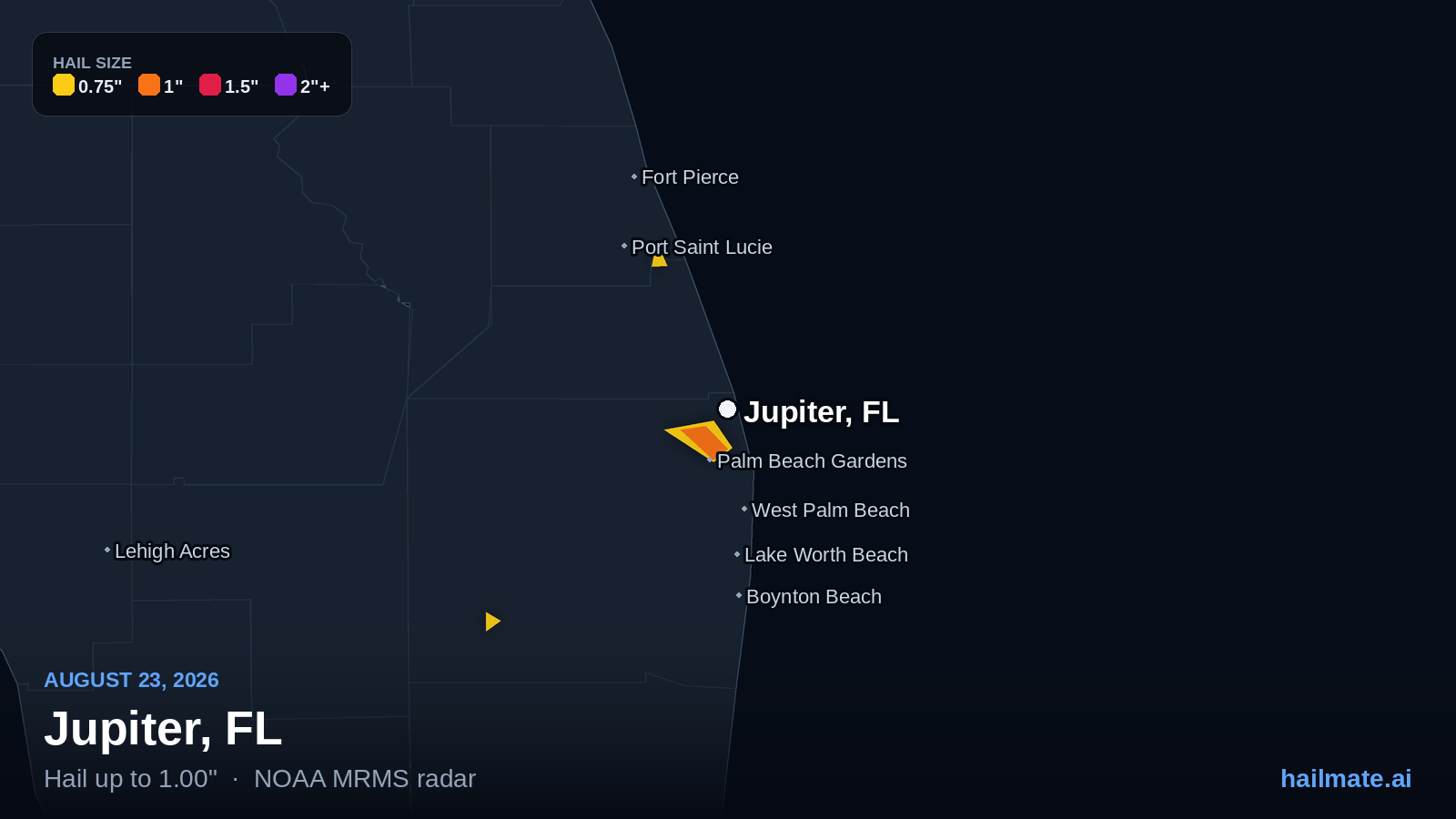 Hail swath map for Jupiter, FL on August 23, 2026 showing 1.00 inch hail.