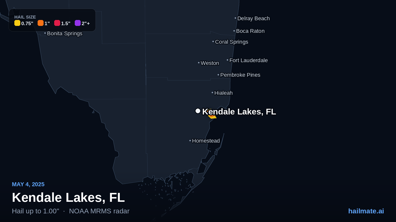 Hail swath map for Kendale Lakes, FL on May 4, 2025 showing 1.00 inch hail.
