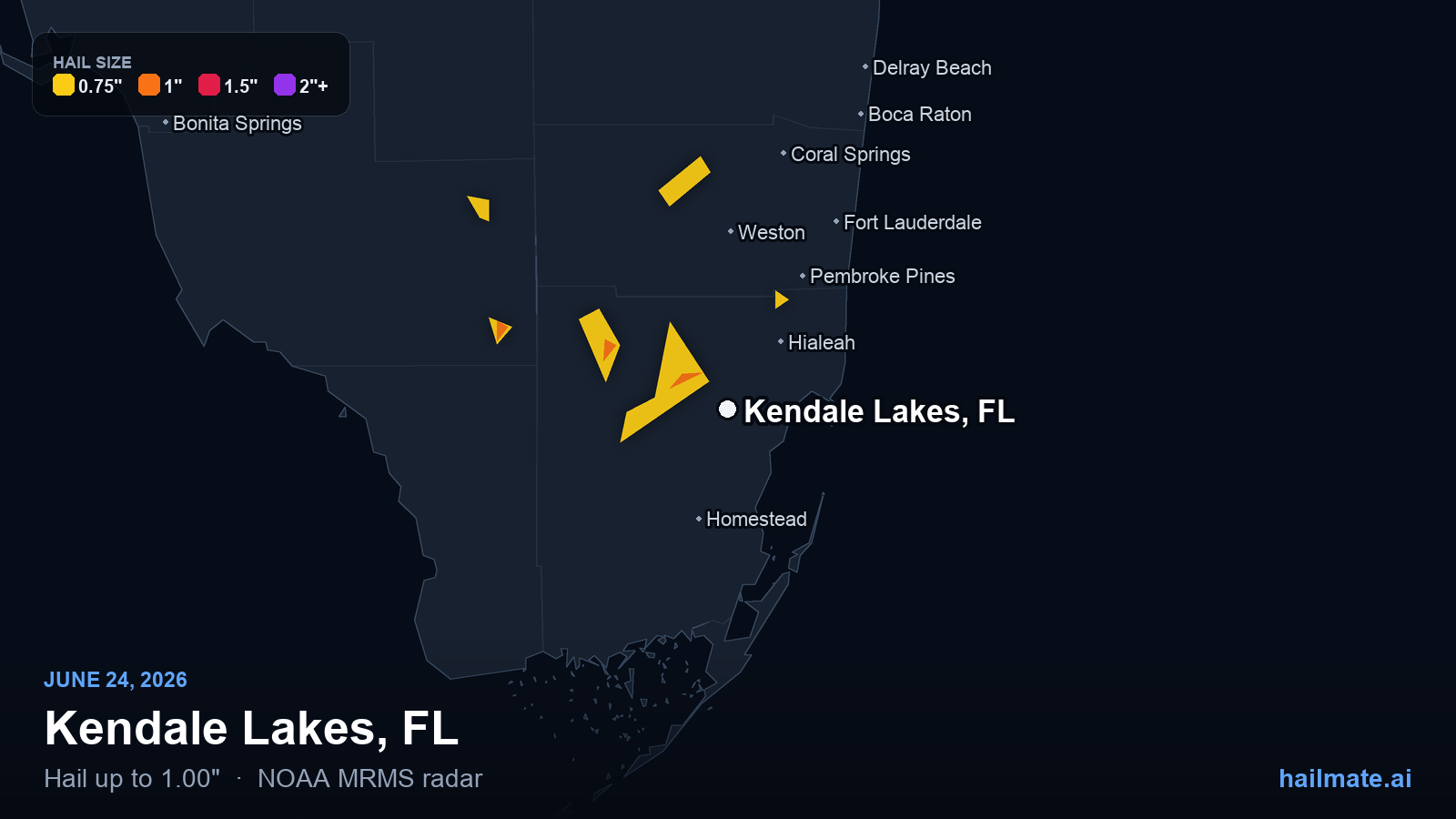 Hail swath map for Kendale Lakes, FL on June 24, 2026 showing 1.00 inch hail.