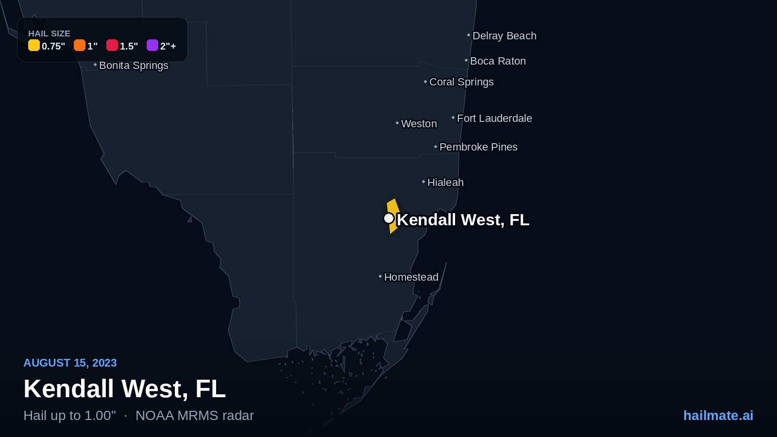 Hail swath map for Kendall West, FL on August 15, 2023 showing 1.00 inch hail.
