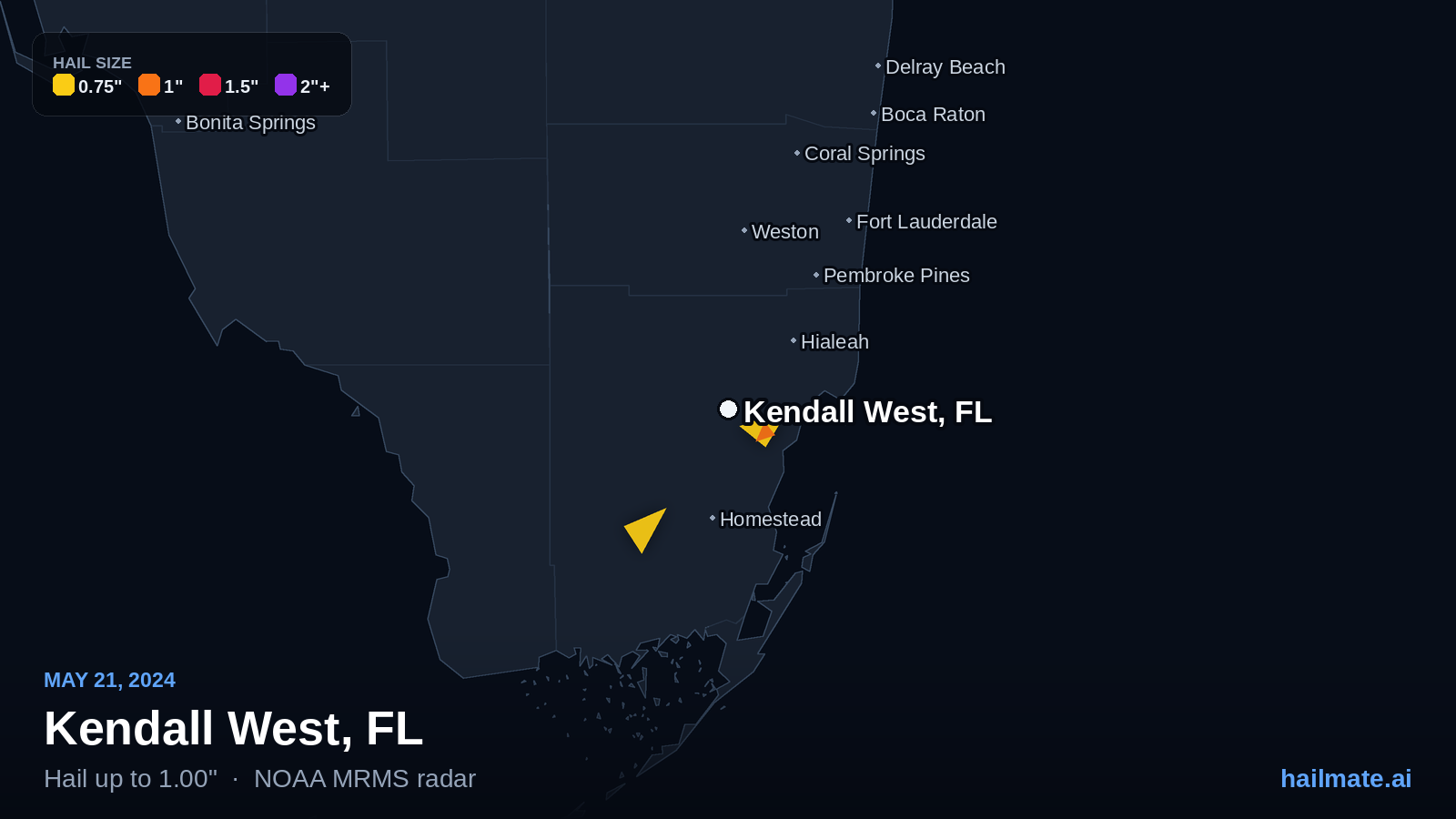 Hail swath map for Kendall West, FL on May 21, 2024 showing 1.00 inch hail.