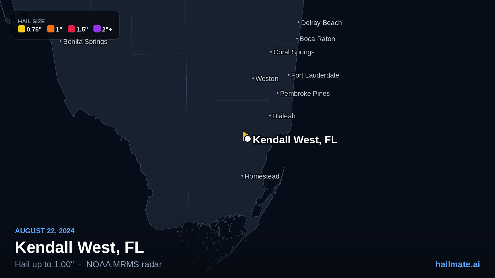 Hail swath map for Kendall West, FL on August 22, 2024 showing 1.00 inch hail.